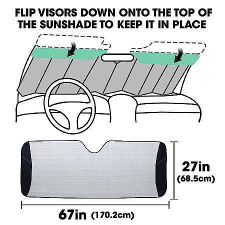 Windshield Sunshade, Silver/Grey Mylar Foam, Delu x e, Jumbo 67" x 27", Accordion Style
