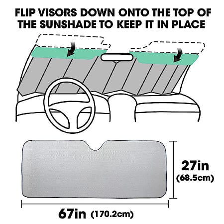 Windshield Sunshade, Silver Double Bubble, Jumbo 67"x27", Accordion Style