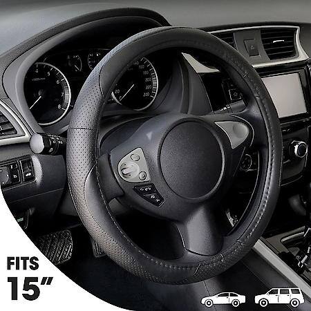 Perforated Sports Steering Wheel Cover: Black Faux Leather, Fits 14.5" - 15", Breathable