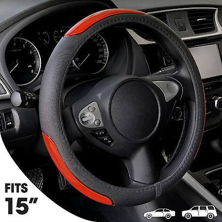 Sport Performance Steering Wheel Cover: Black/Red Faux Leather, Fits 14.5" - 15", Reflective Stripe