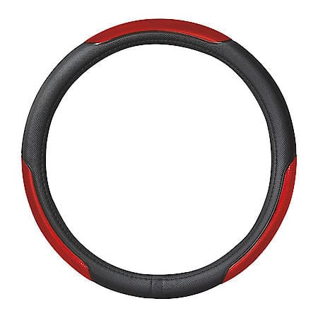 Sport Performance Steering Wheel Cover: Black/Red Faux Leather, Fits 14.5" - 15", Reflective Stripe