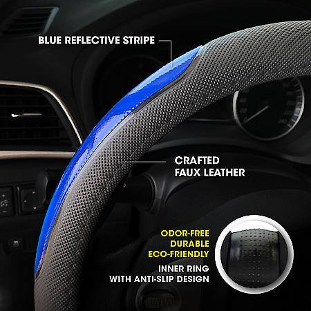 Sport Performance Steering Wheel Cover: Black/Blue Faux Leather, Fits 14.5" - 15", Reflective Stripe