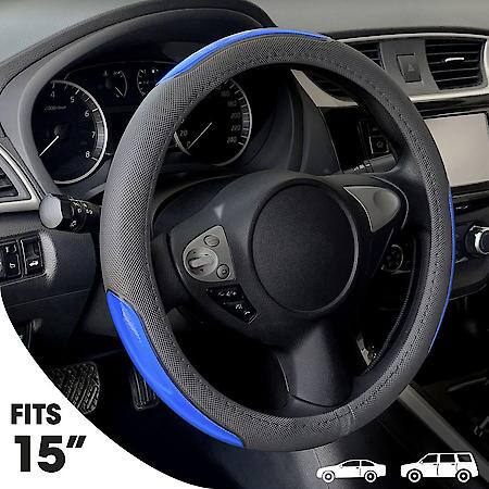 Sport Performance Steering Wheel Cover: Black/Blue Faux Leather, Fits 14.5" - 15", Reflective Stripe