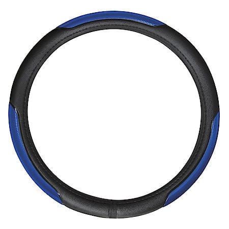 Sport Performance Steering Wheel Cover: Black/Blue Faux Leather, Fits 14.5" - 15", Reflective Stripe