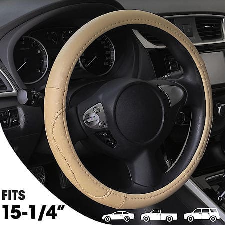 Topstitched Steering Wheel Cover: Tan Faux Leather, Fits 15.25" -15.35", Performance Grip