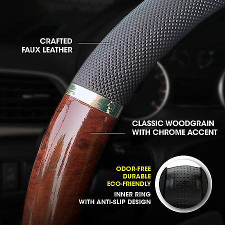 Woodgrain Chrome Accent Steering Wheel Cover: Black Faux Leather, Fits 14.5" - 15"