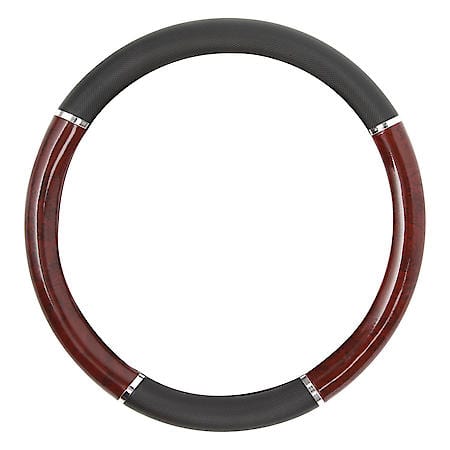 Woodgrain Chrome Accent Steering Wheel Cover: Black Faux Leather, Fits 14.5" - 15"