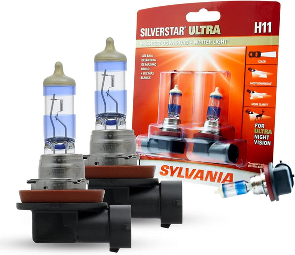 SYLVANIA - H11 SilverStar Ultra - High Performance Halogen Headlight Bulb, High Beam, Low Beam and Fog Replacement Bulb, Brightest Downroad with Whiter Light, Tri-Band Technology (Contains 2 Bulbs)
