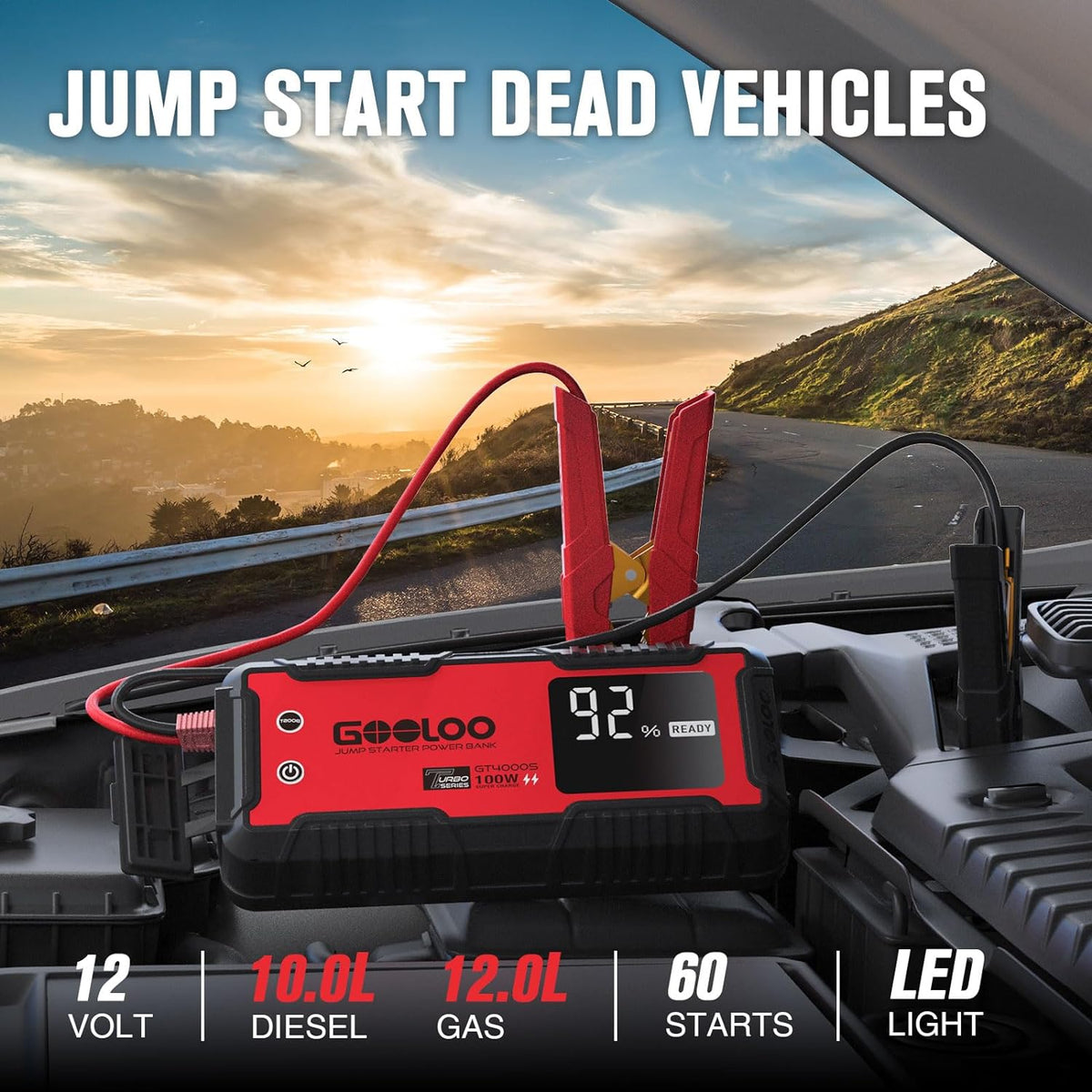 GOOLOO GT4000S 12V 4000A Peak Jump Starter with 100W Two-Way Fast Charging | SuperSafe Portable Car Battery Jumper Starter (12L Gas/10L Diesel) - 20,000 mAh Capacity - 150W DC Output- 3 Modes LED Light