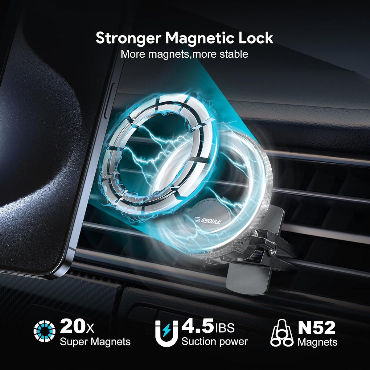 Magnetic Car Phone Mount Air Vent Holder wtih Metal Ring | Strong Magnetic Hold, Magnetic Case Compatible, Adjustable Angle, Secure Air Vent Clip, Clear Windshield View