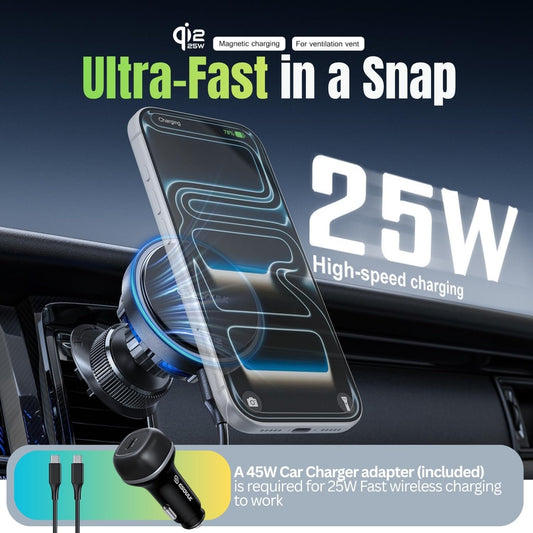 25W Cooling Magnetic Wireless Charger Air Vent Phone Mount for Car | 25W Fast Wireless Charging with Built-In Cooling Fan, Secure Air Vent Mount, Flexible Viewing Angles, 45W Adapter Included