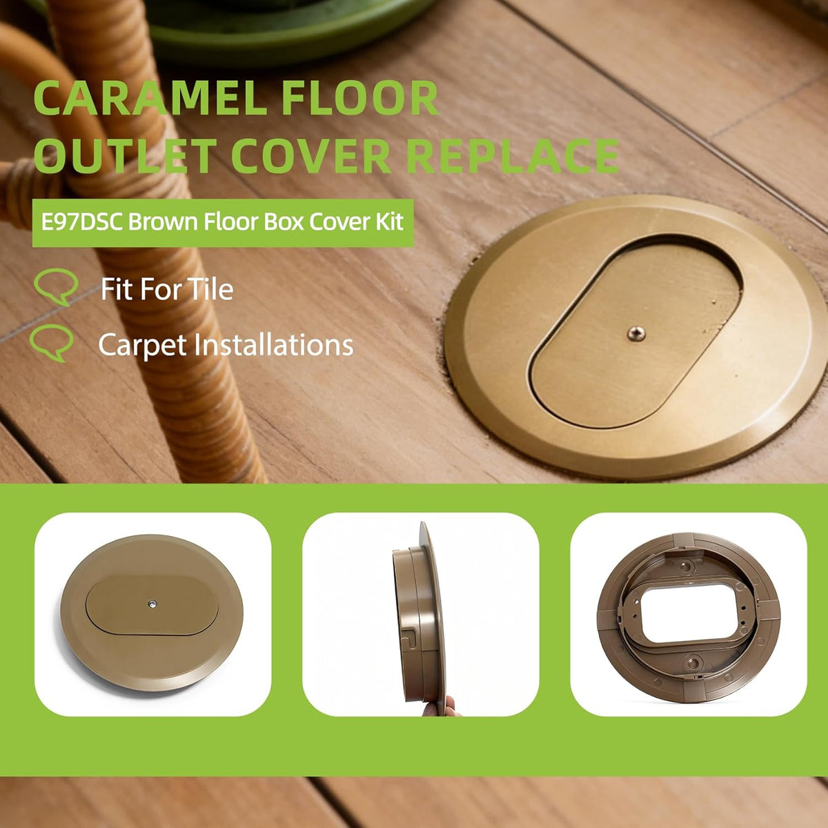 E97DSC Brown Floor Box Cover Kit,5.69 in Round Floor Duplex Receptacle Flush Mount Cover,Caramel Floor outlet Cover Replace,Fit For Tile and Carpet Installations And More