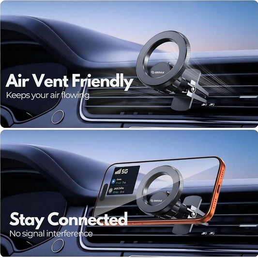 Magnetic Car Phone Mount Air Vent Holder wtih Metal Ring | Strong Magnetic Hold, Magnetic Case Compatible, Adjustable Angle, Secure Air Vent Clip, Clear Windshield View