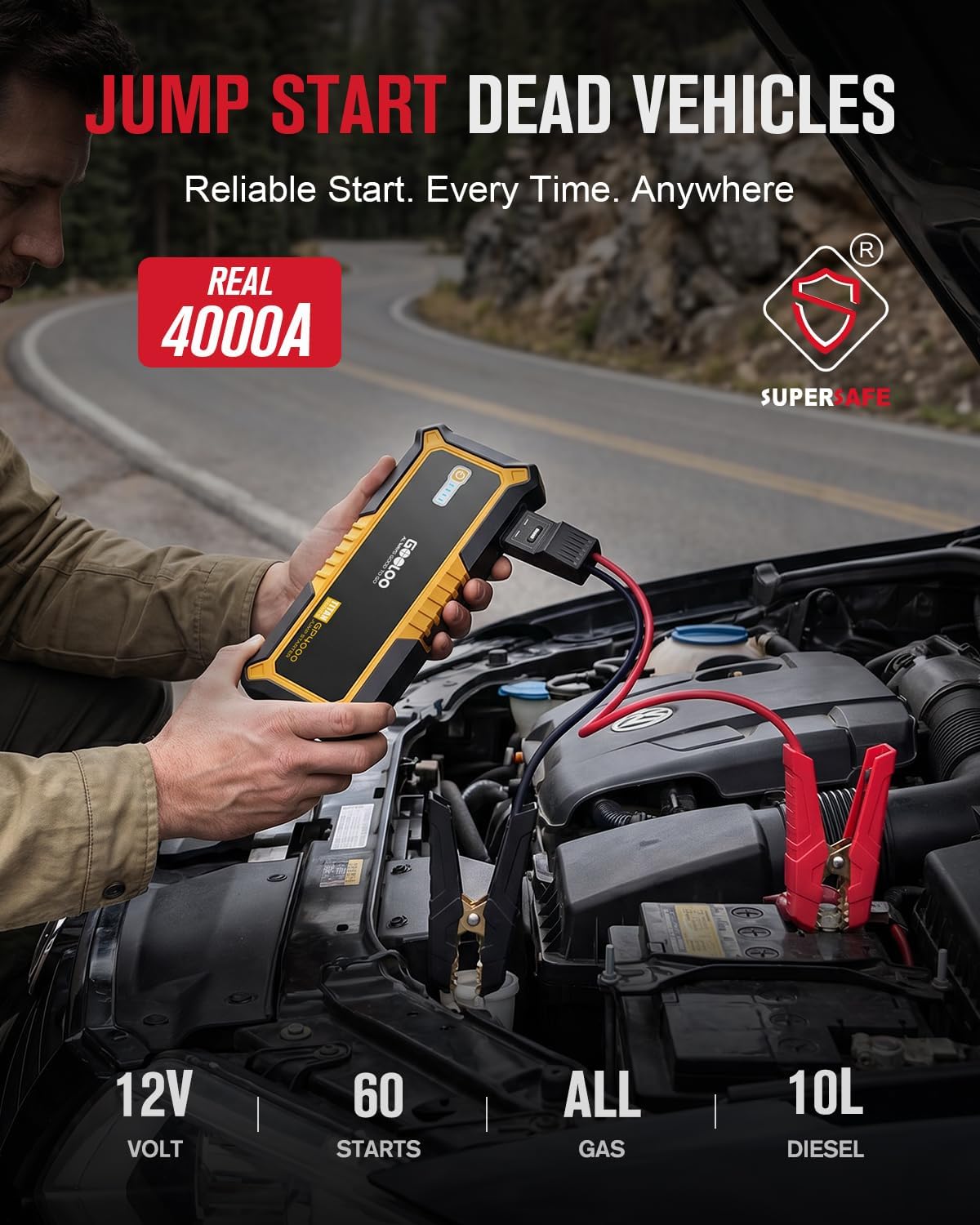 GOOLOO GP4000 Jump Starter - 4000A 12V Car Battery Jumper Starter Portable | SuperSafe Lithium Jump Box - Auto Battery Booster Power Pack - Spark-Proof - LED Light - For All Gas & 10 Diesel Engines