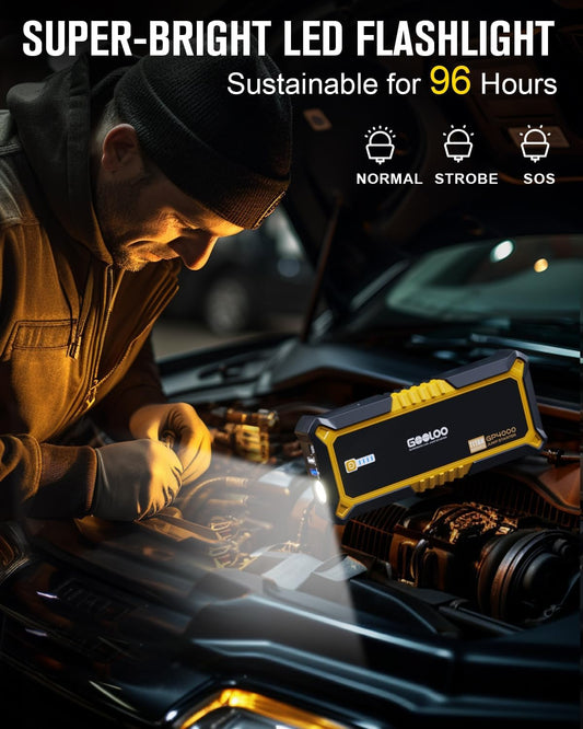GOOLOO GP4000 Jump Starter - 4000A 12V Car Battery Jumper Starter Portable | SuperSafe Lithium Jump Box - Auto Battery Booster Power Pack - Spark-Proof - LED Light - For All Gas & 10 Diesel Engines