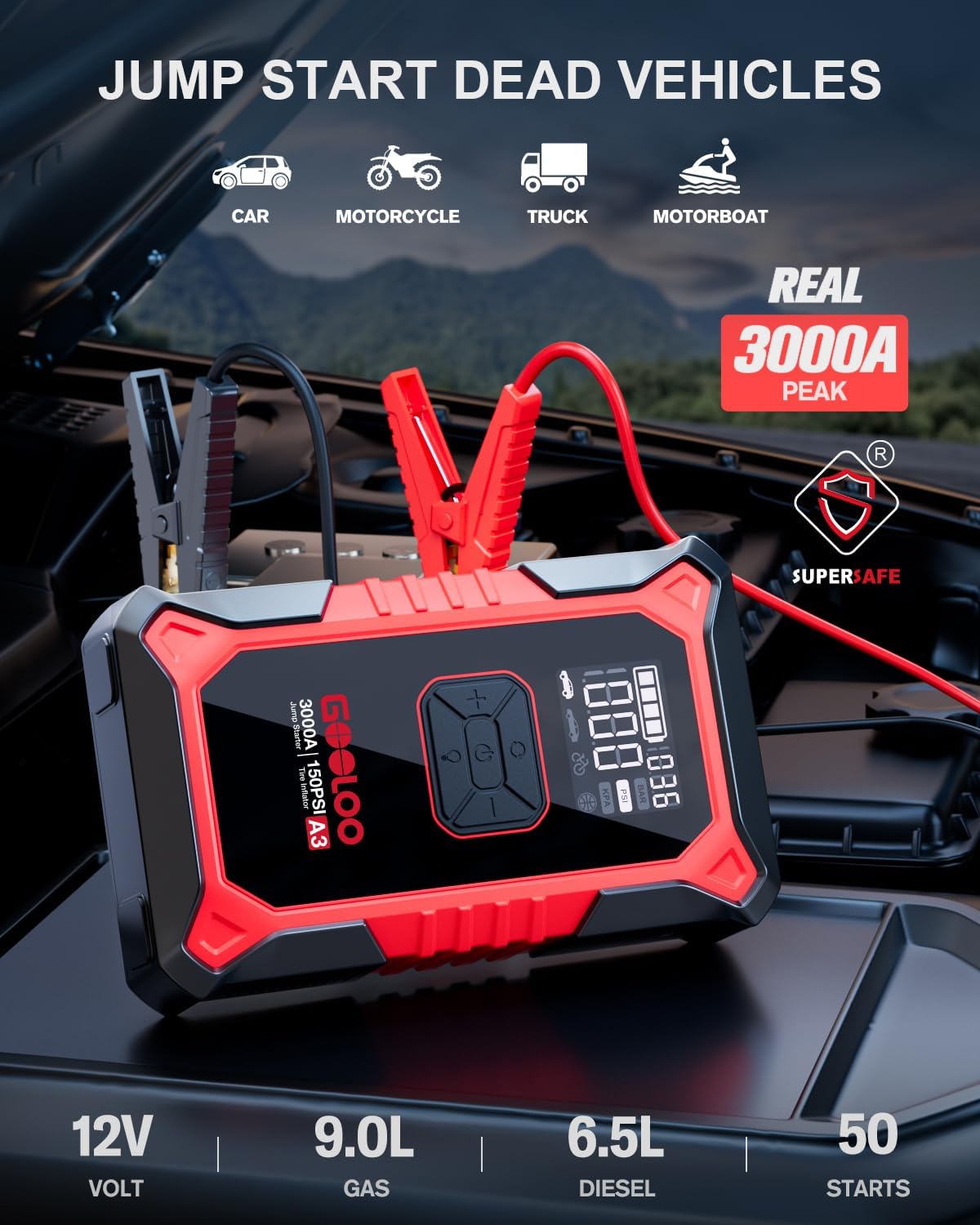 GOOLOO A3 Jump Starter with Air Compressor, 3000A Portable Car Battery Booster (9.0 Gas/6.5L Diesel)