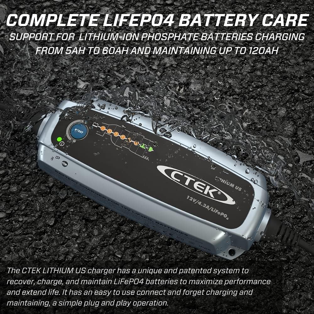CTEK 56-926 Lithium US | Fully Automatic Lithium Ion Phosphate LiFePO4 Battery Charger | 5.0Ah - 60Ah | Maintenance Charging up to 120Ah