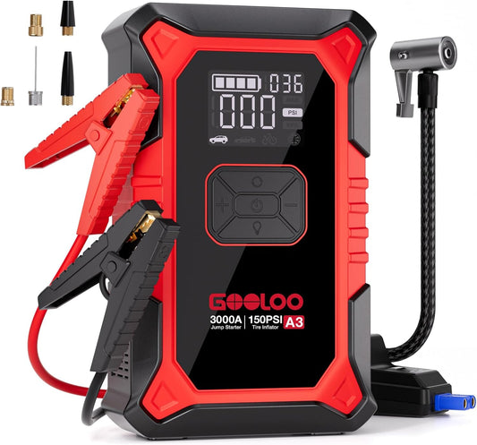 GOOLOO A3 Jump Starter with Air Compressor, 3000A Portable Car Battery Booster (9.0 Gas/6.5L Diesel)