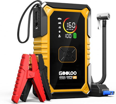 GOOLOO A5 Car Jump Starter with Air Compressor, 4000A Portable Car Jump Starter (All Gas/10.0L Diesel) with 160PSI Auto-Off Tire Inflator, 45W PD Fast Charging,12V Battery Jumper Starter Portable