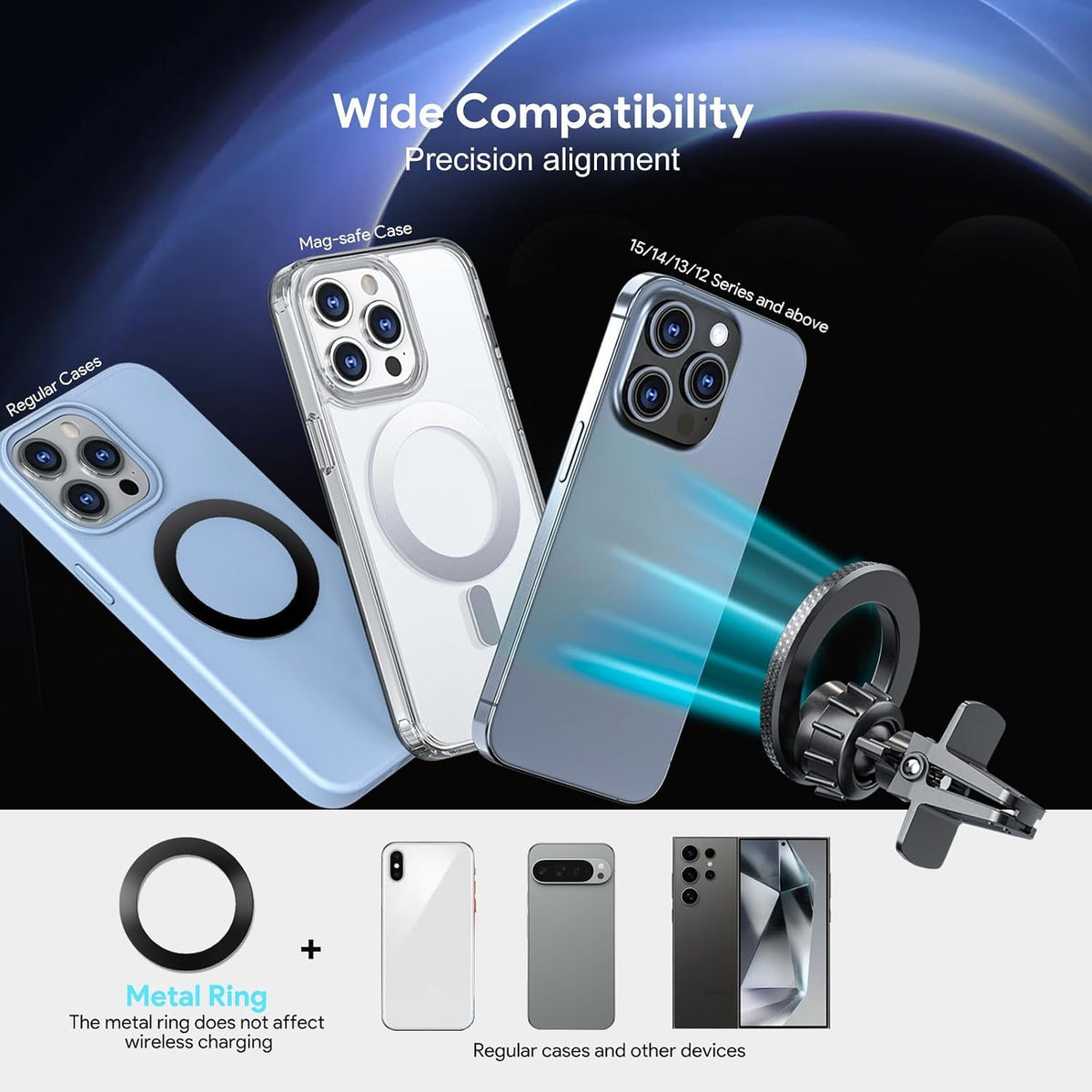 Magnetic Car Phone Mount Air Vent Holder wtih Metal Ring | Strong Magnetic Hold, Magnetic Case Compatible, Adjustable Angle, Secure Air Vent Clip, Clear Windshield View