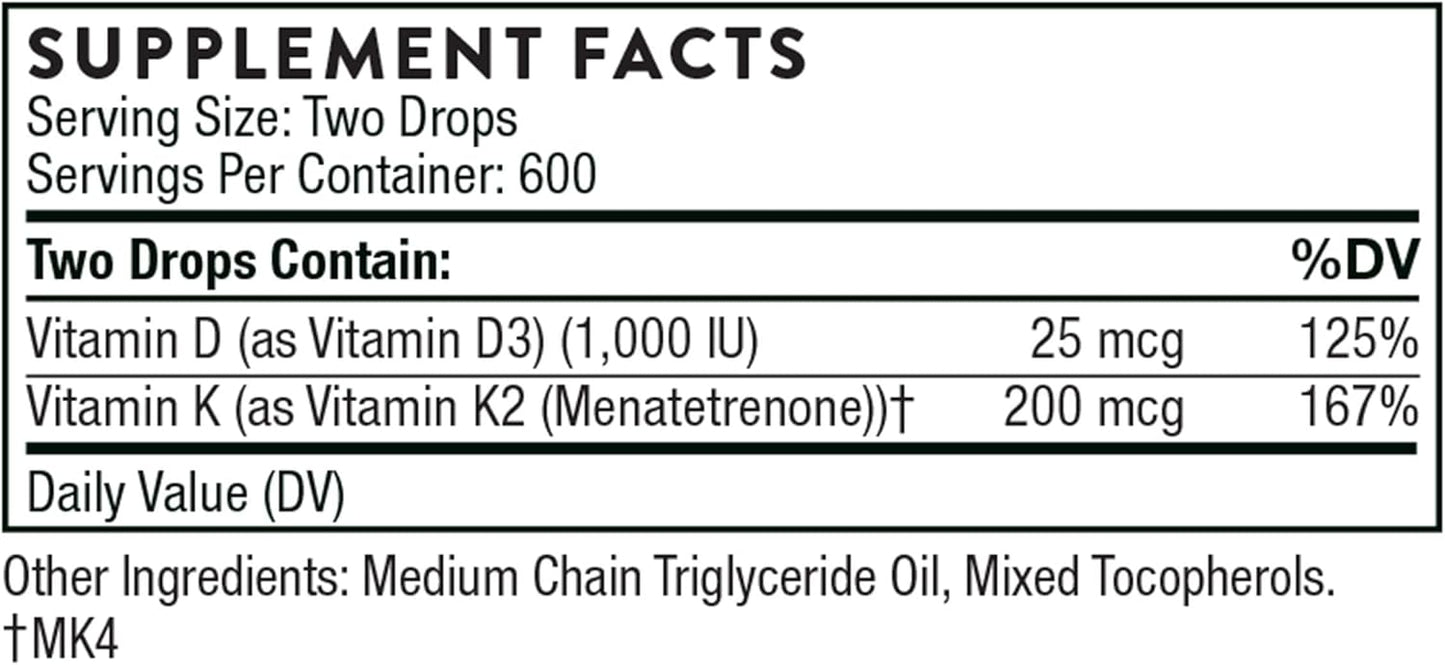 THORNE Vitamin D + K2 Liquid with a metered Dispenser - Vitamins D3 and K2 to Support Healthy Bones and Muscles* - 1 Fl Oz (30 ml) - 600 Servings