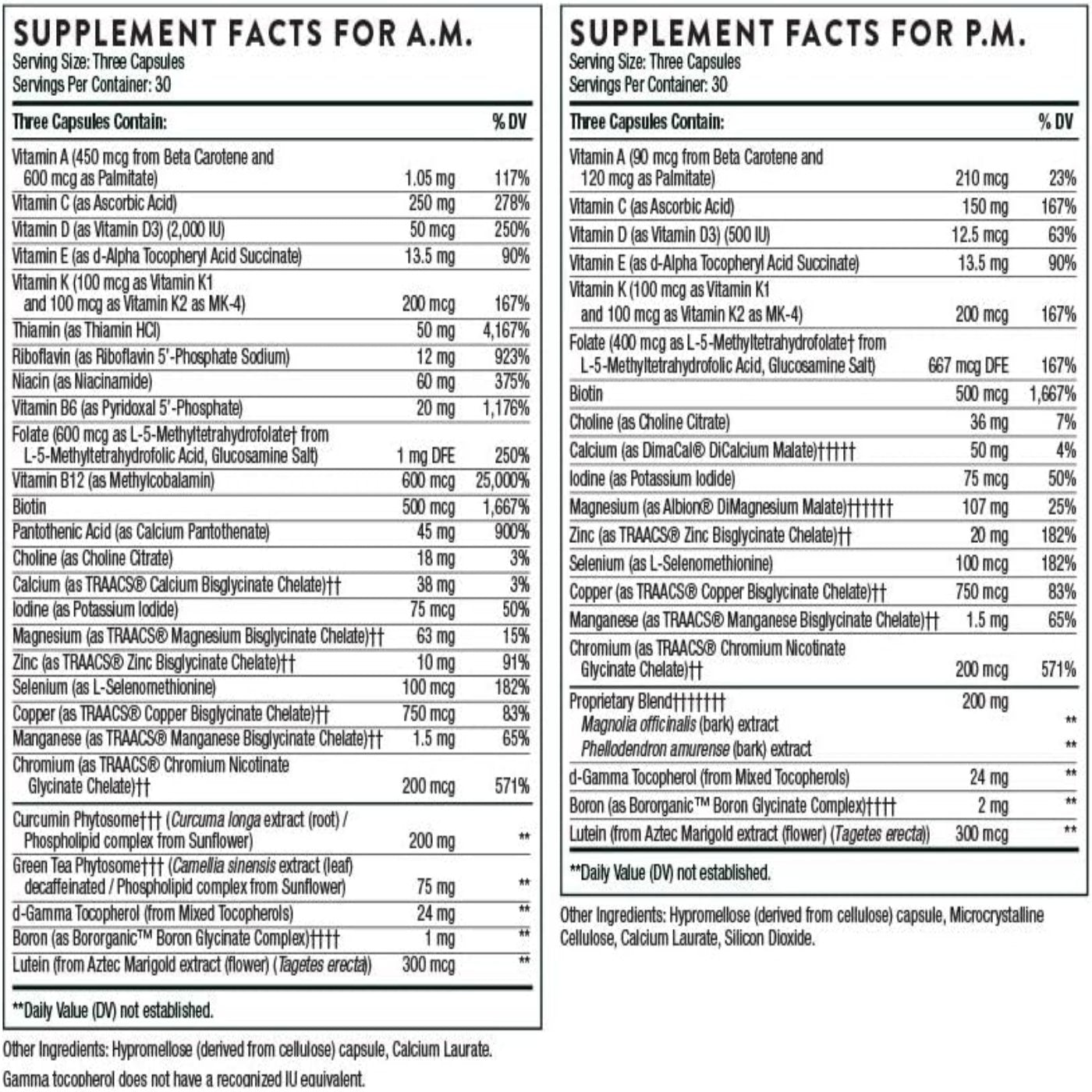 THORNE Multi-Vitamin Elite - Daily Nutritional Supplement - AM Formula Supports Cellular Energy Production and PM Formula Supports Restful Sleep - Gluten-Free, Dairy-Free - 180 Capsules - 30 Servings