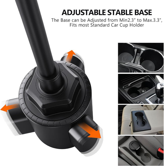 Cup Holder Phone Mount 15 Inch Adjustable Gooseneck Arm for Car | Adjustable long arm and stable cup holder base keep your phone secure, easy to reach, and clear to view while driving