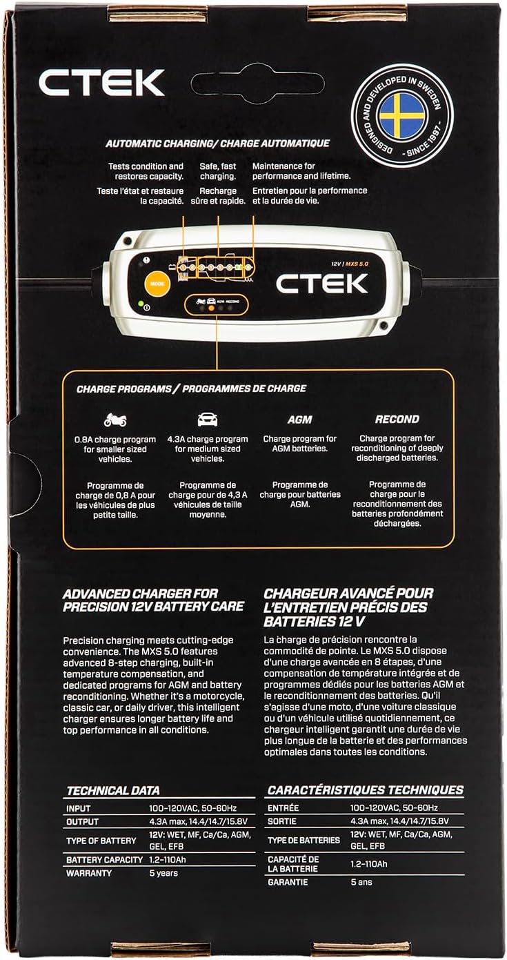 CTEK (40-206) MXS 5.0 12Volt Battery Charger Vehicle Storage Bundle