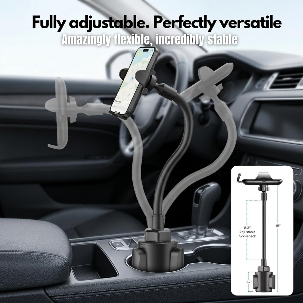 Cup Holder Phone Mount 15 Inch Adjustable Gooseneck Arm for Car | Adjustable long arm and stable cup holder base keep your phone secure, easy to reach, and clear to view while driving