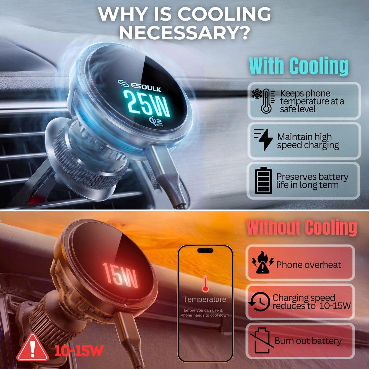 25W Cooling Magnetic Wireless Charger Air Vent Phone Mount for Car | 25W Fast Wireless Charging with Built-In Cooling Fan, Secure Air Vent Mount, Flexible Viewing Angles, 45W Adapter Included