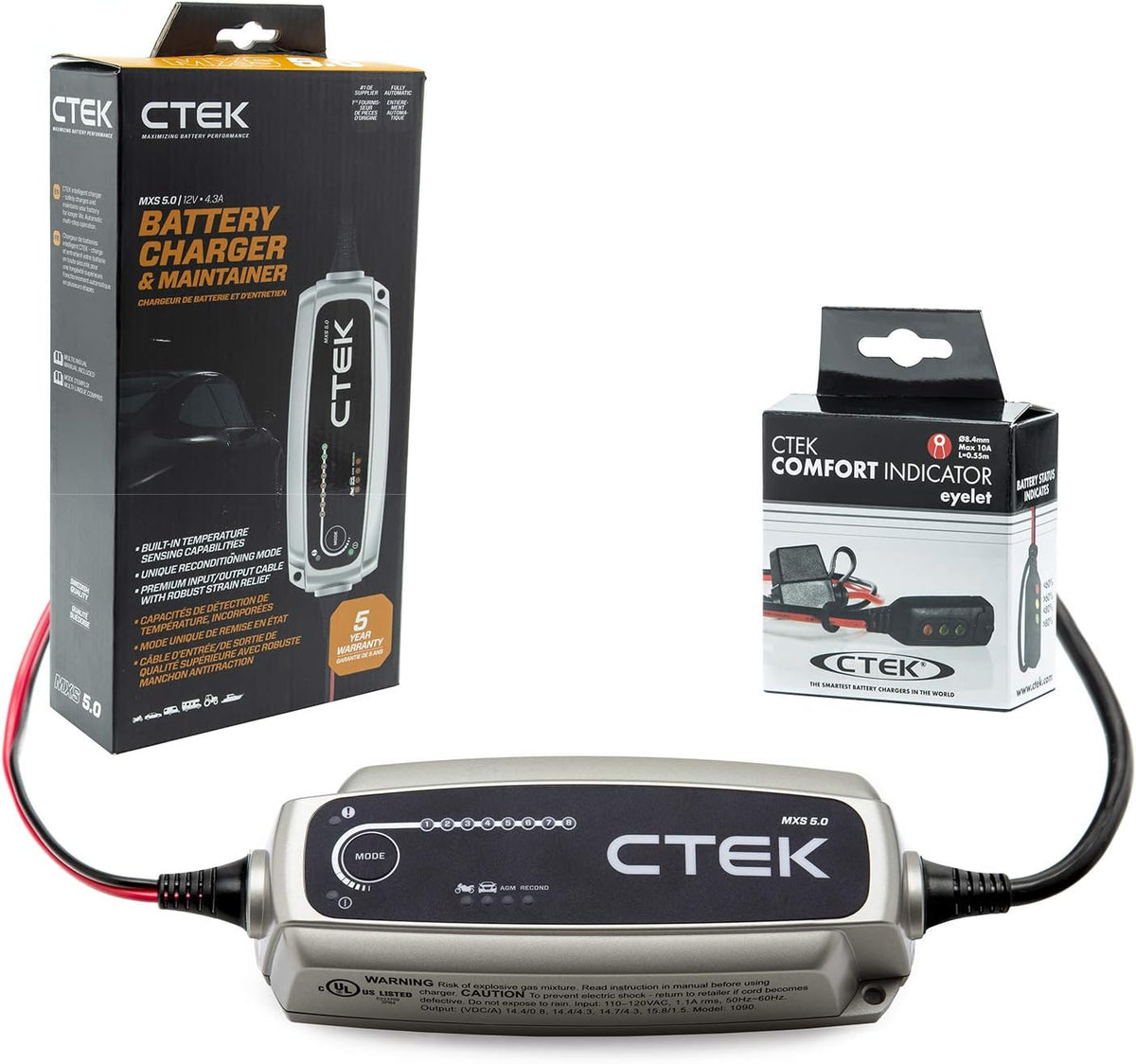 CTEK (40-206) MXS 5.0-12 Volt Battery Charger and Maintainer and (56-382) Indicator Eyelet