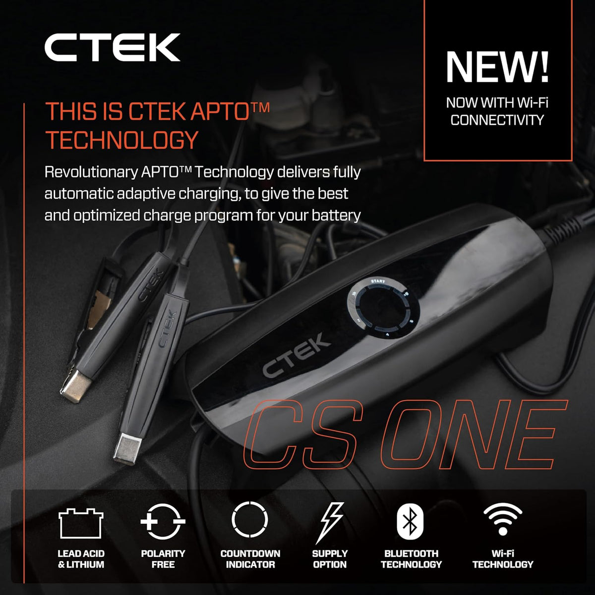 CTEK 40-704 CS ONE (Gen 2) with WiFi, 12V Smart Battery Charger and Trickle Charger with App Control, Remote Monitoring, Adaptive Charging and Polarity-Free Clamps for Cars and Motorcycles