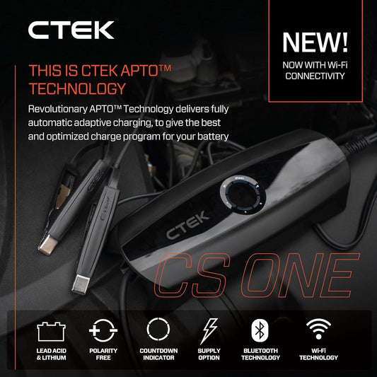 CTEK 40-704 CS ONE (Gen 2) with WiFi, 12V Smart Battery Charger and Trickle Charger with App Control, Remote Monitoring, Adaptive Charging and Polarity-Free Clamps for Cars and Motorcycles