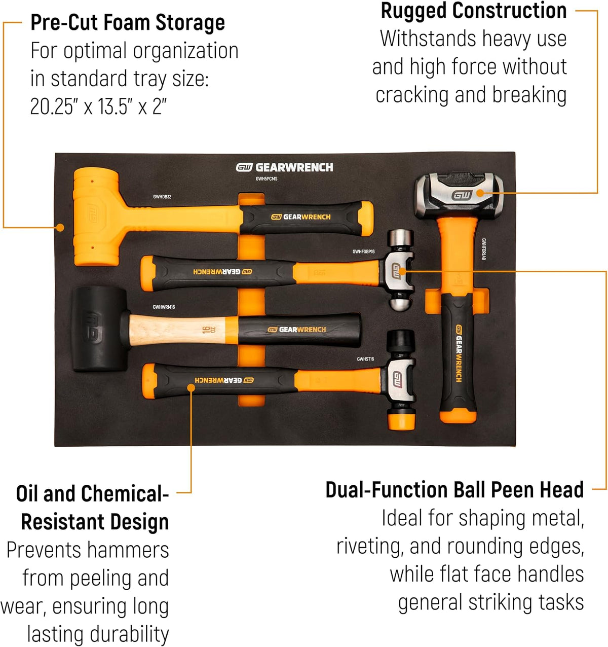 GEARWRENCH 5 Piece Mixed Hammer Set in Foam Storage Tray | GWH5PCMS