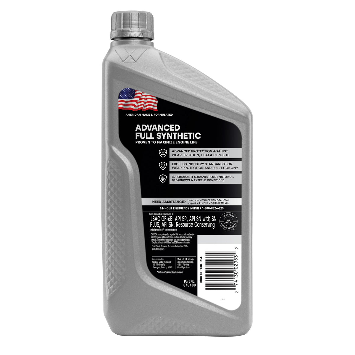 Valvoline Advanced Protection Full Synthetic 0W-16 Motor Oil 1 Quart 878400
