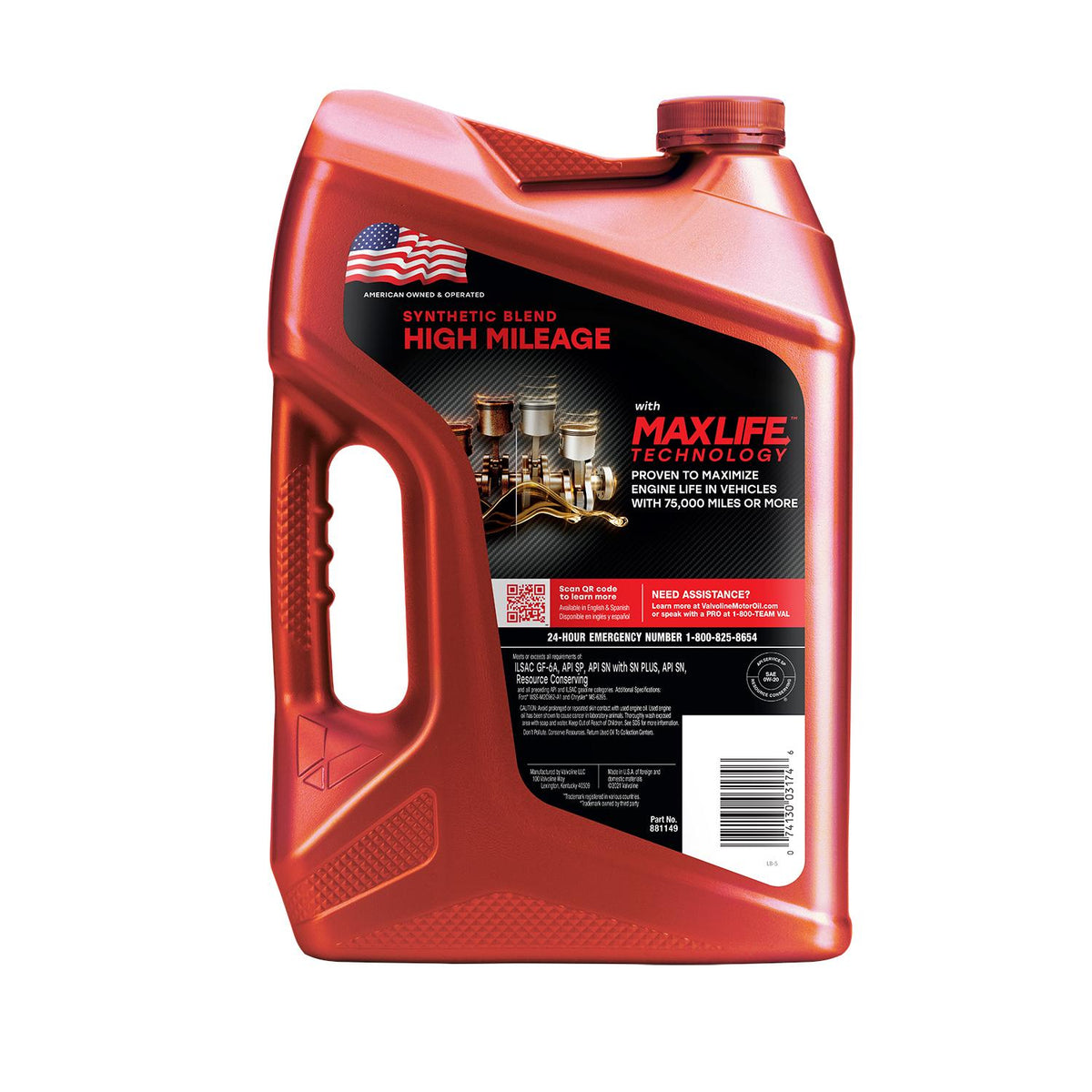 Valvoline High Mileage Synthetic Blend 0W-20 Motor Oil 5 Quart 881149