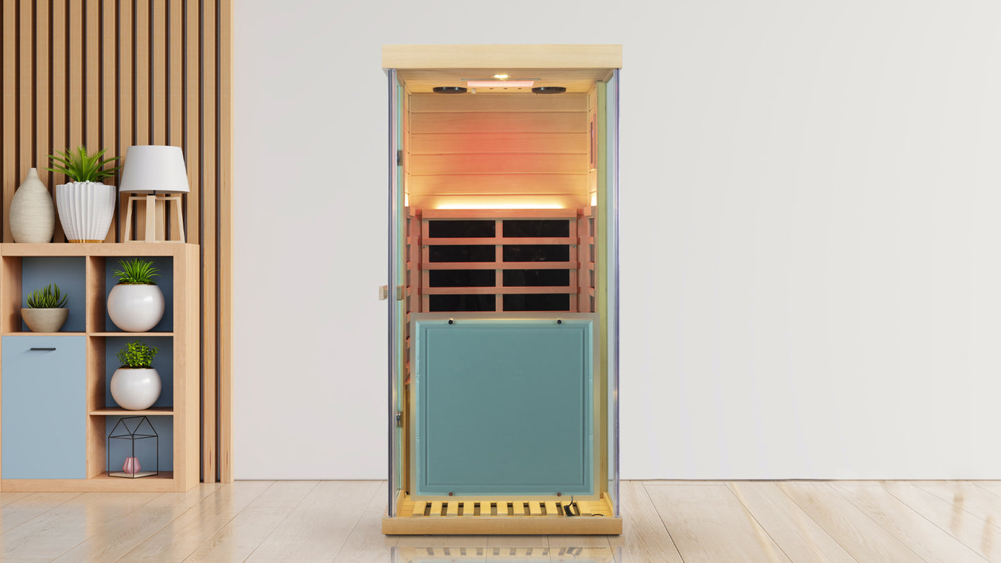Wizzisaunas 909MX Mini 1-Person Infrared Sauna with Triple-Panel Glass – Indoor Home Sauna