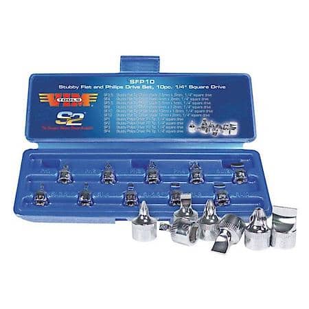 10Pc Stubby Flat Philips Set 1/4 Square Drive