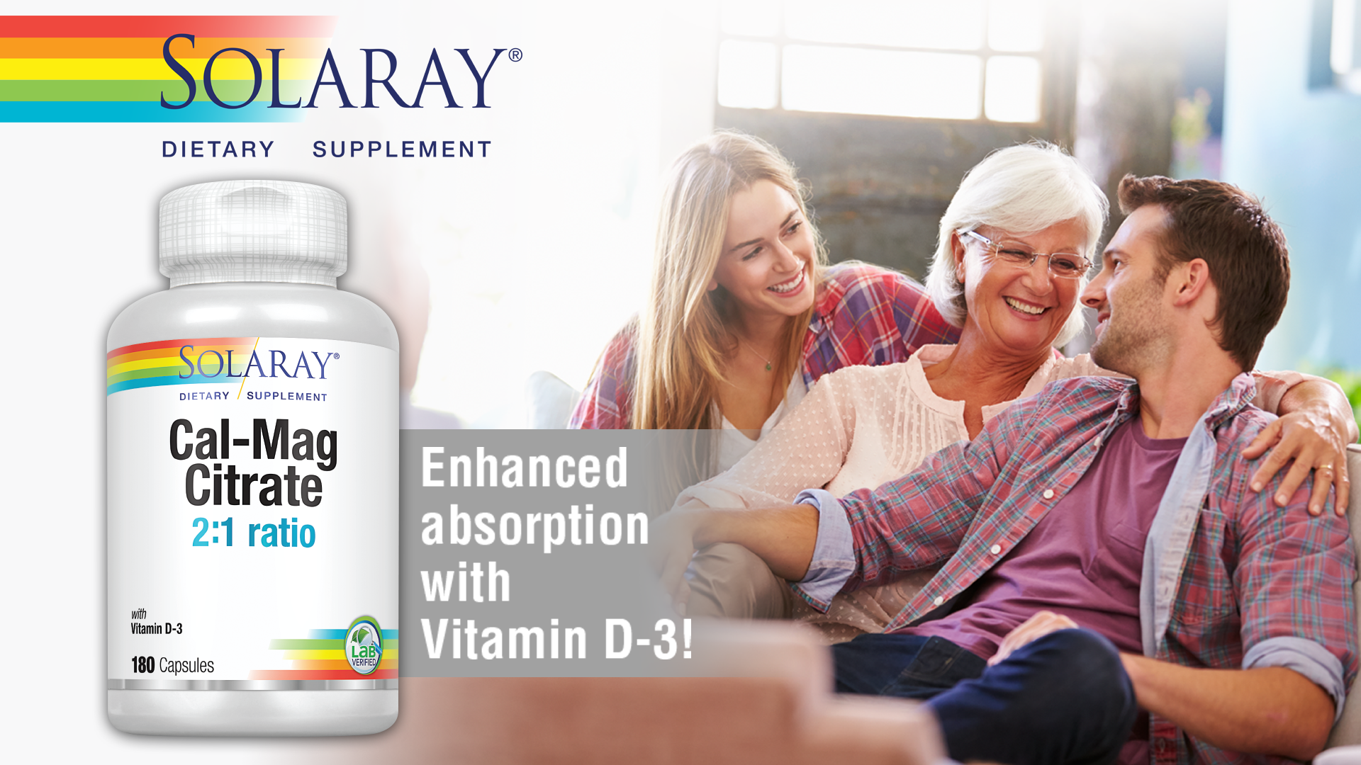 SOLARAY Calcium & Magnesium Citrate 2:1 Ratio w/Vitamin D-3, Healthy Bones, Muscle & Nervous System Support, High Absorption 180 Capsules