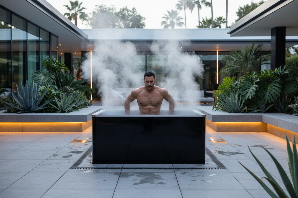 Dramatic cold plunge hero image with steam