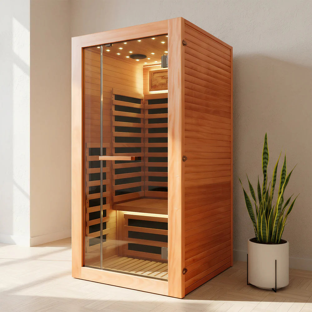 Outexer HF1 Indoor 1-Person Infrared Sauna | Colorful Lights & Bluetooth Audio